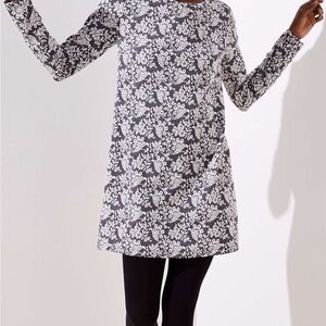 LOFT Gray and White Floral Jacquard Long Sleeve Dress